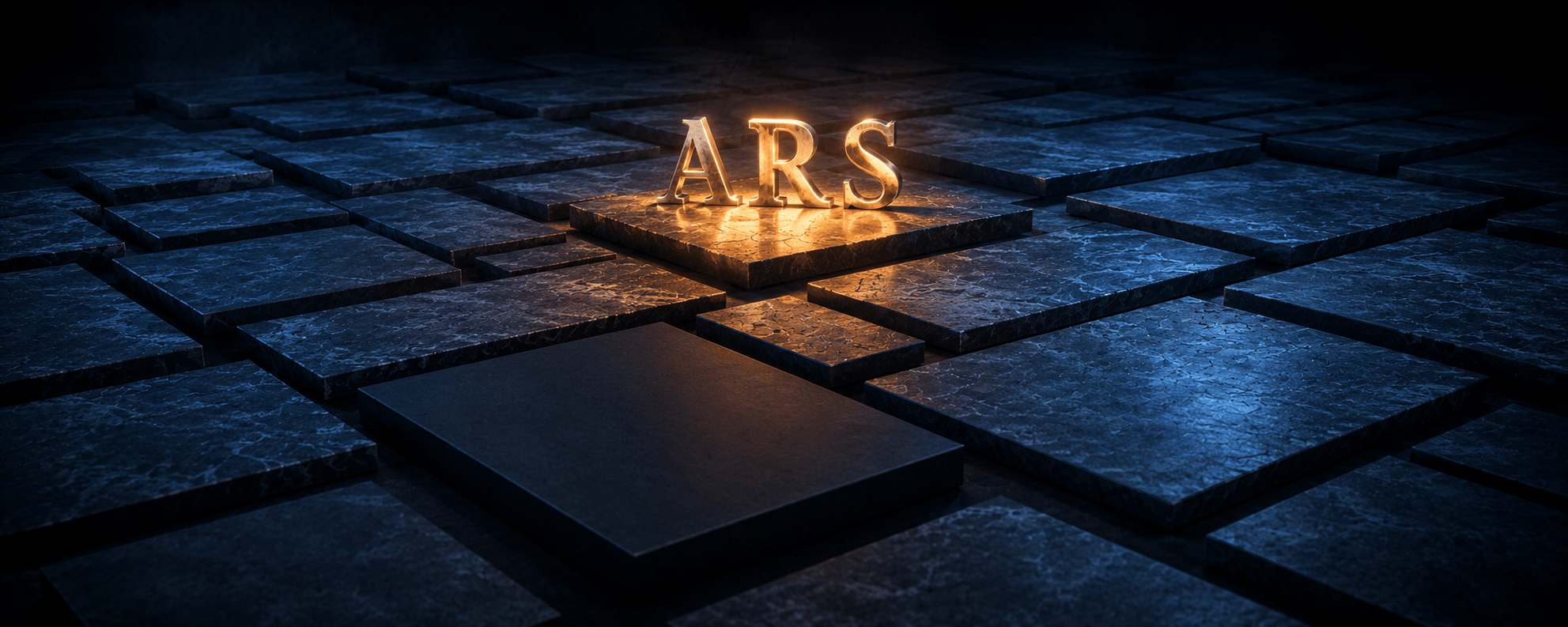 The ARS letterforms standing lit on one stone tile among many empty dim ones, with a solid dark slab covering one tile in front