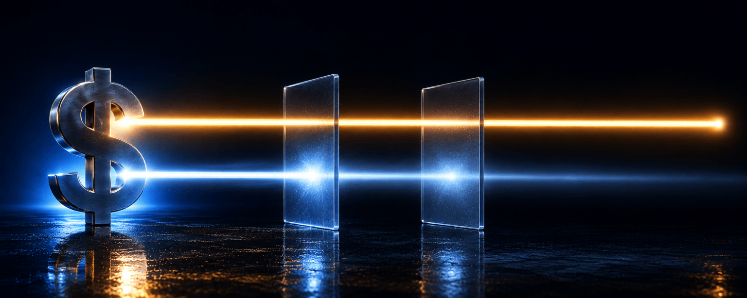 Two beams leaving a dollar symbol, one arriving at full strength and one dimmed after passing through glass, showing value lost to conversion