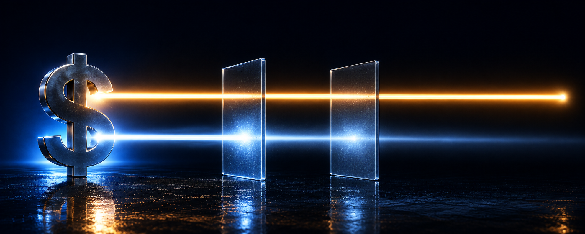Two beams leaving a dollar symbol, one arriving at full strength and one dimmed after passing through glass, showing value lost to conversion