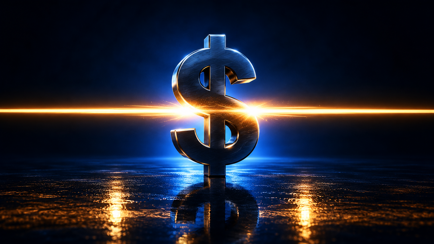 A brushed metal Australian dollar symbol lit by a warm amber beam that passes straight through it, reflected on a dark wet floor