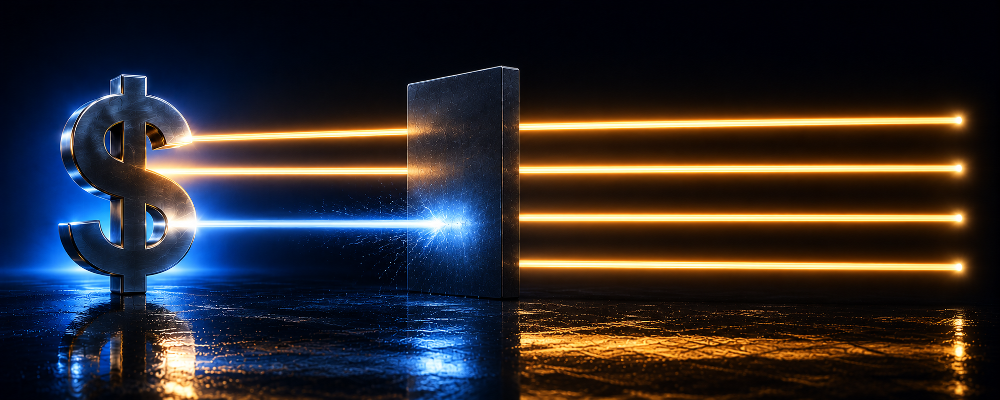 Four glowing rails running from a dollar symbol, three continuing unbroken and one severed mid route by a dark barrier