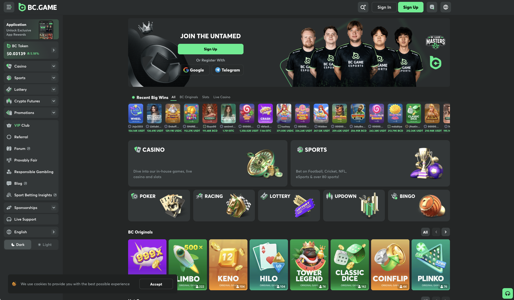 BC.Game Casino homepage with live bet feed and game lobby