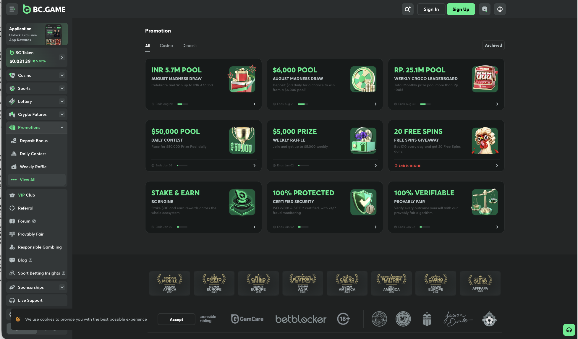 Promotions page with daily contests and weekly raffle prize pools