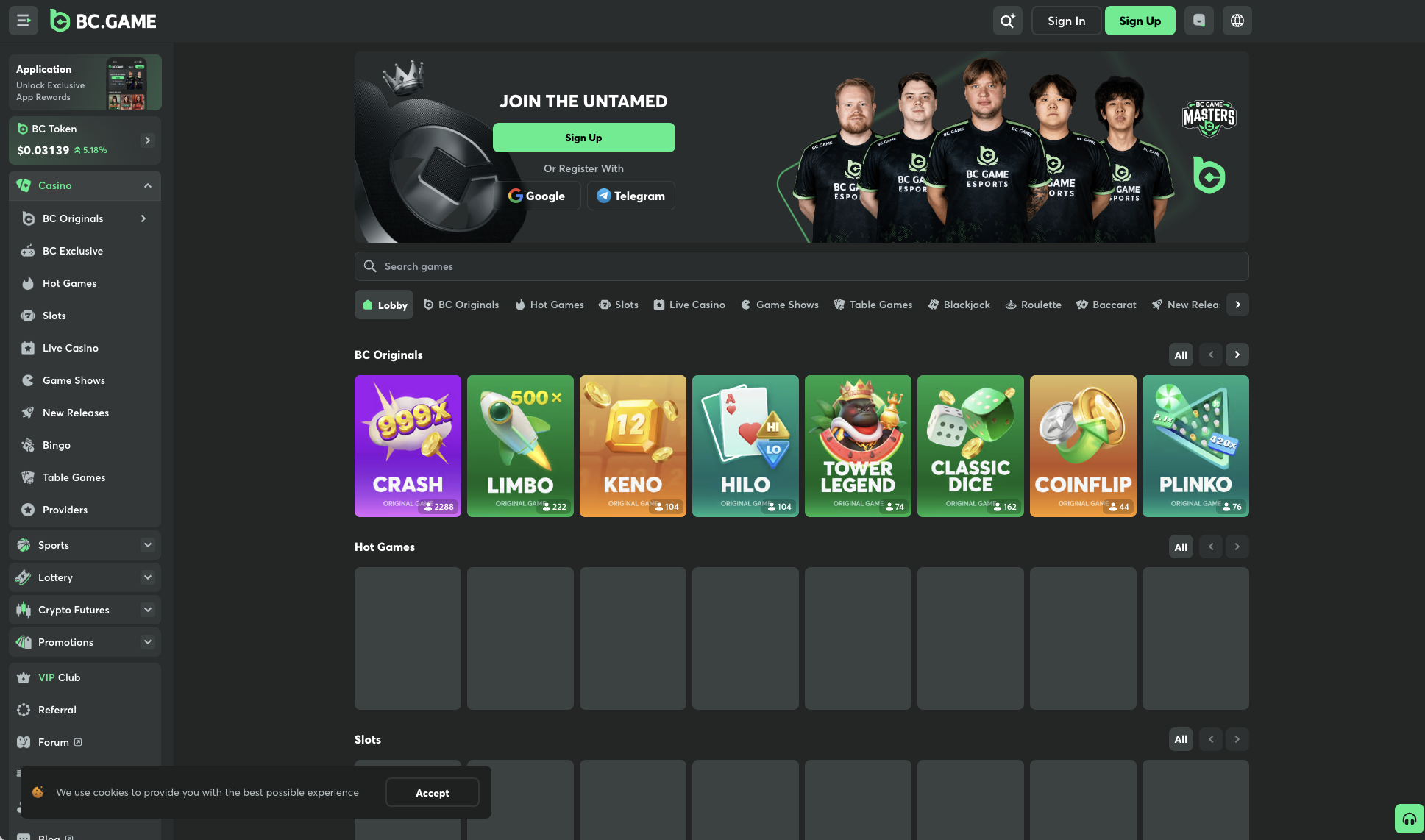 Slots lobby with more than 7,300 titles and provider filter