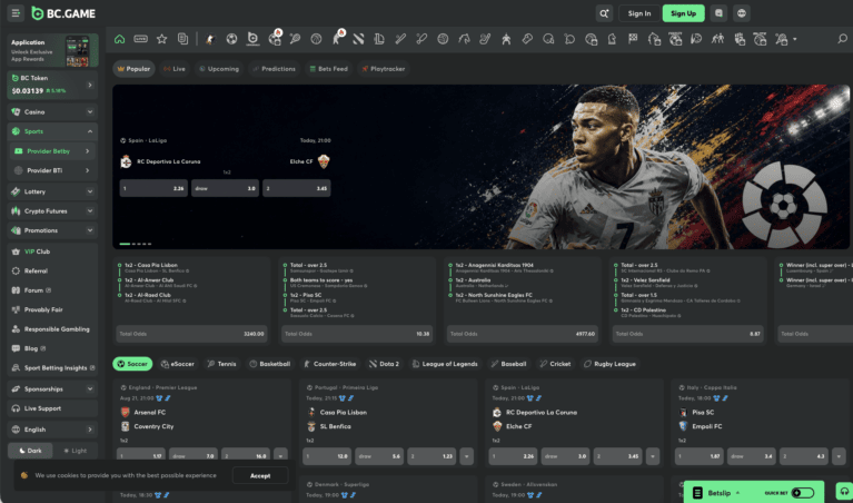 Sportsbook with pre-match and in-play odds across 60 sports