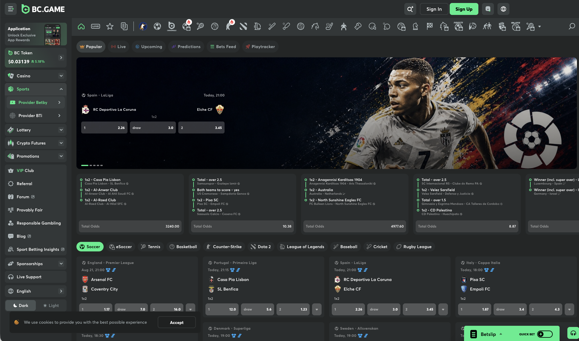 Sportsbook with pre-match and in-play odds across 60 sports