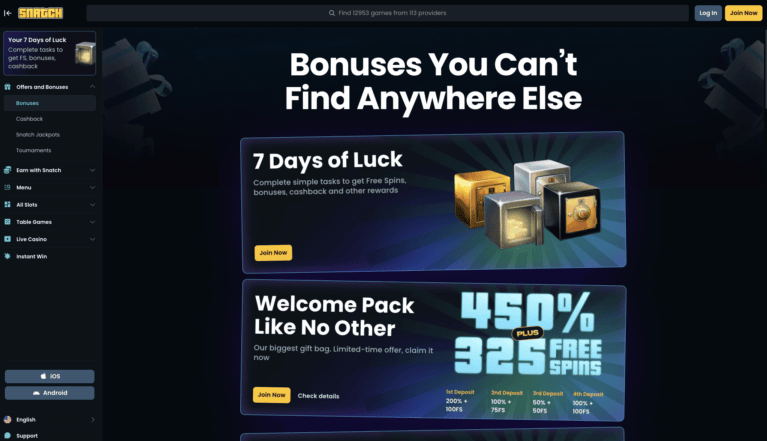 Snatch Casino welcome bonus page showing the 450 percent package
