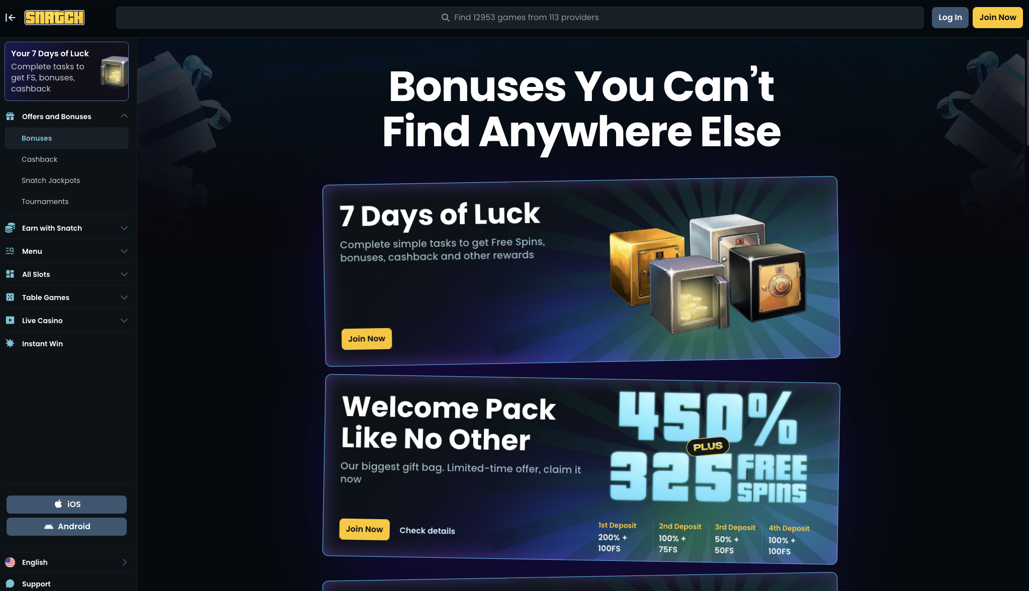 Snatch Casino welcome bonus page showing the 450 percent package