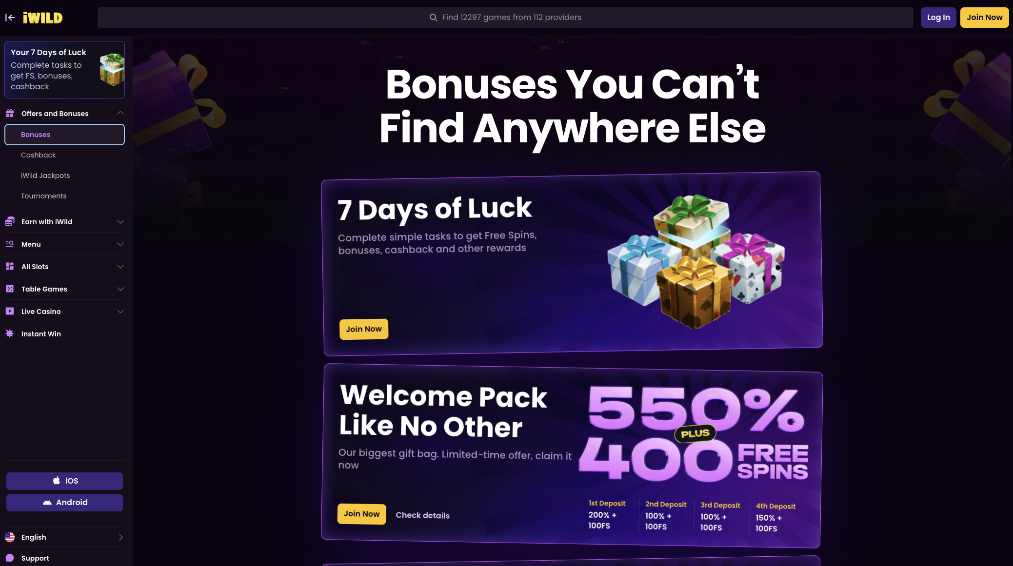 iWild Casino welcome bonus page showing the 550 percent package