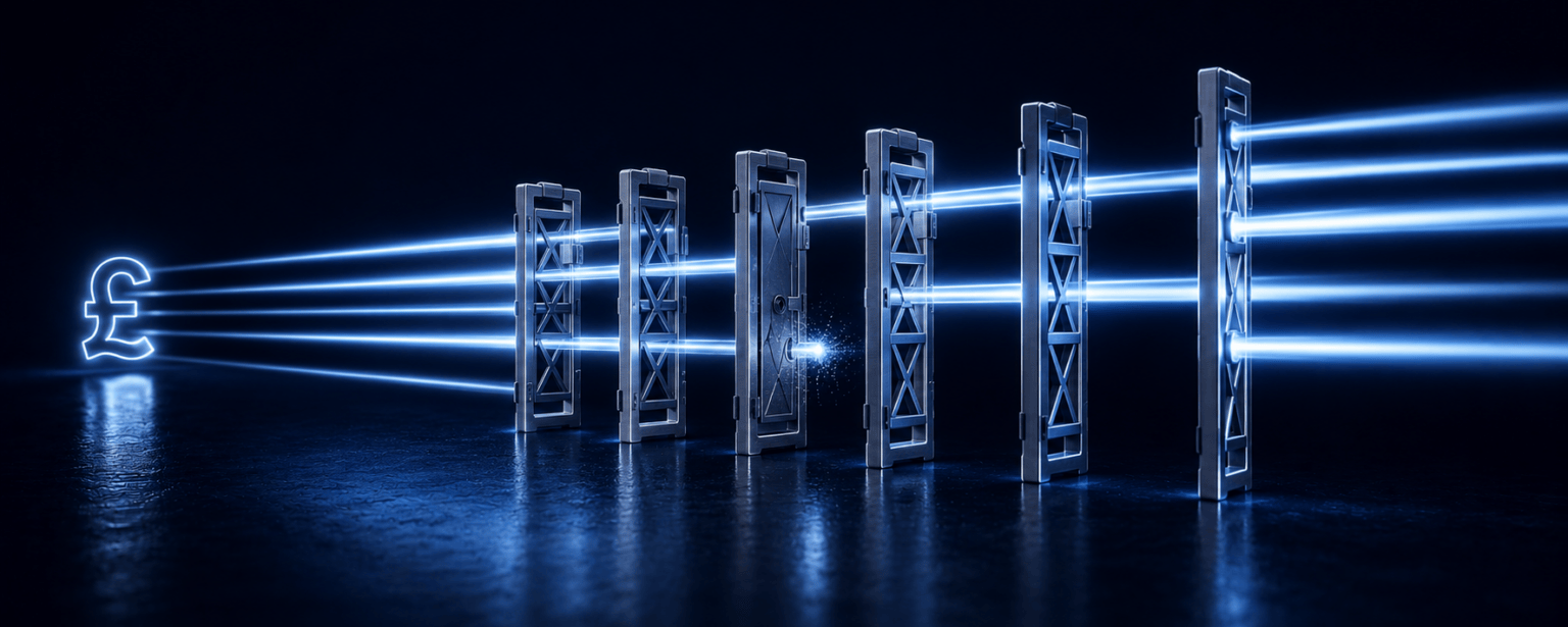 Beams of light passing through a row of precision gates and emerging cleaner and more focused, with one beam stopped by a closed gate, illustrating licensing rules as a filter