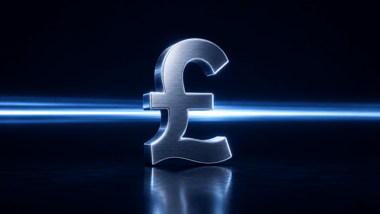Pound sterling symbol with an unbroken beam of light passing straight through, illustrating a balance held in pounds without conversion