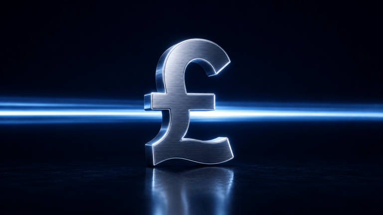 Pound sterling symbol with an unbroken beam of light passing straight through, illustrating a balance held in pounds without conversion