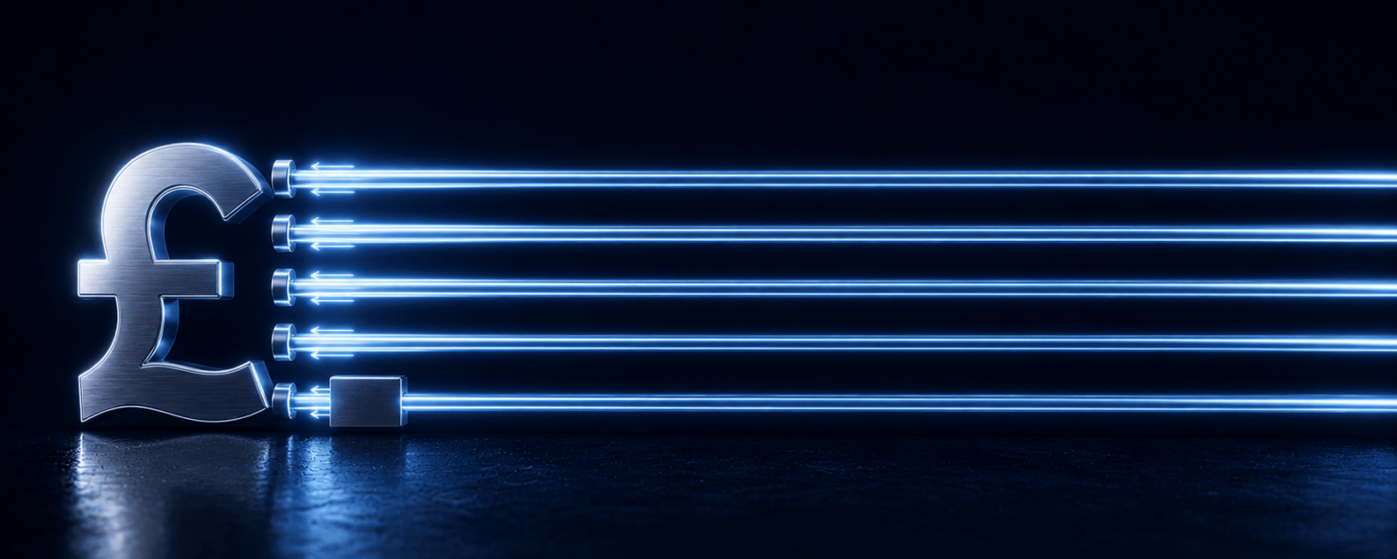 Five rails running from a pound symbol, four unbroken and running both ways, the fifth sealed shut close to the origin where credit cards are not permitted