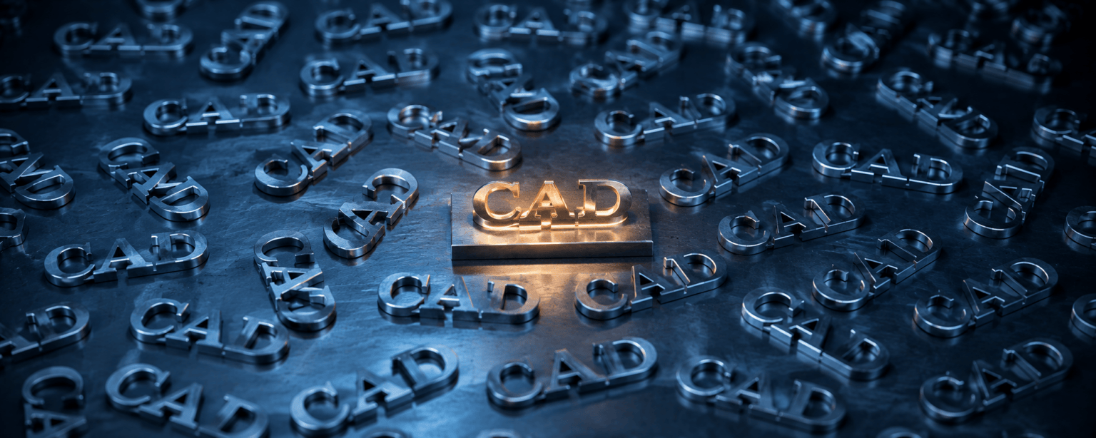 Dozens of identical CAD letterform sets scattered evenly across brushed steel in flat blue light, with one lifted on a plinth in amber
