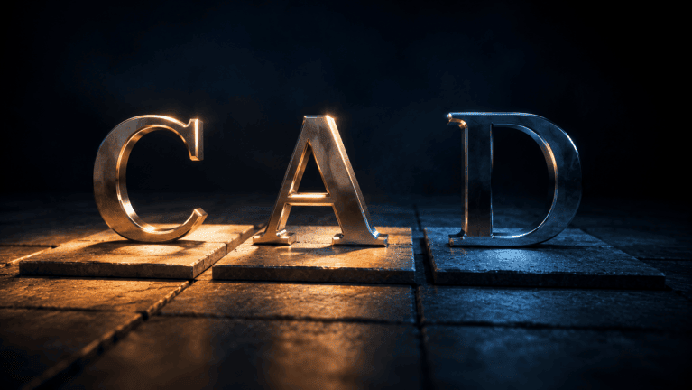 Sculpted nickel letters spelling CAD, each standing on its own separate stone slab, two lit amber and one in blue shadow