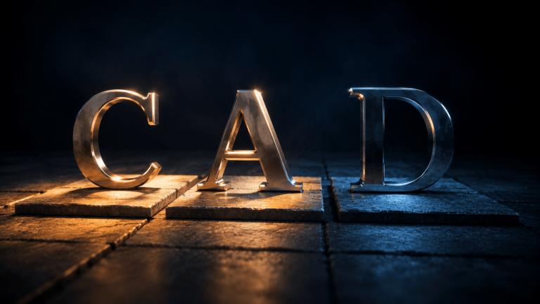 Sculpted nickel letters spelling CAD, each standing on its own separate stone slab, two lit amber and one in blue shadow