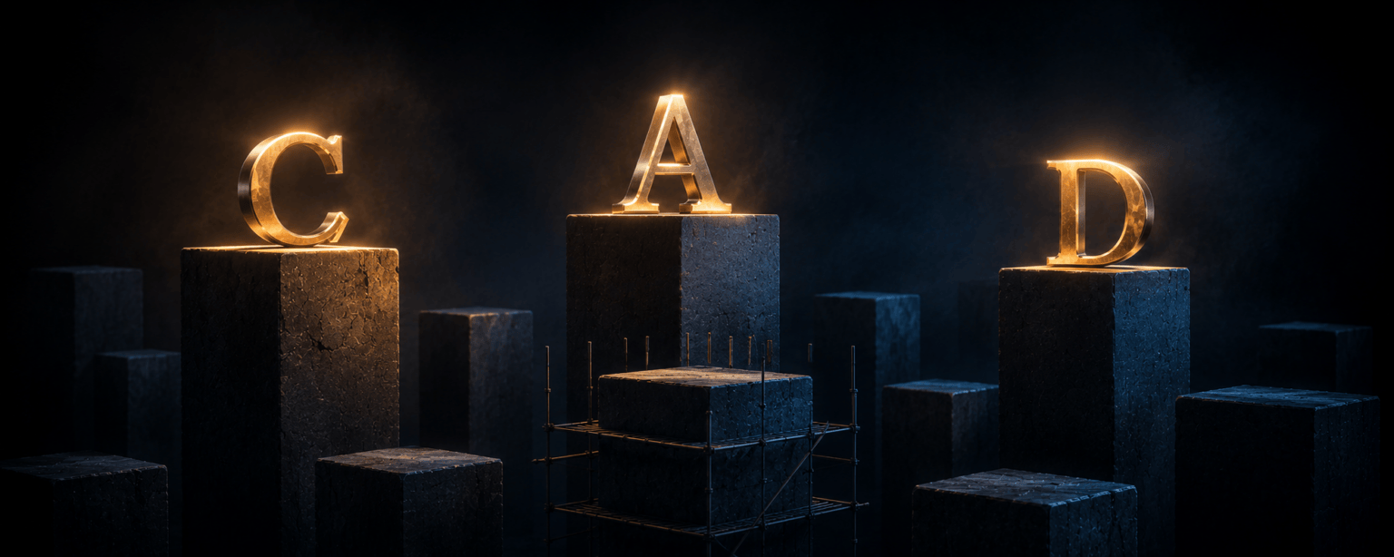 CAD letterforms standing on two tall lit plinths among empty unlit ones, with fresh scaffolding around one in the foreground