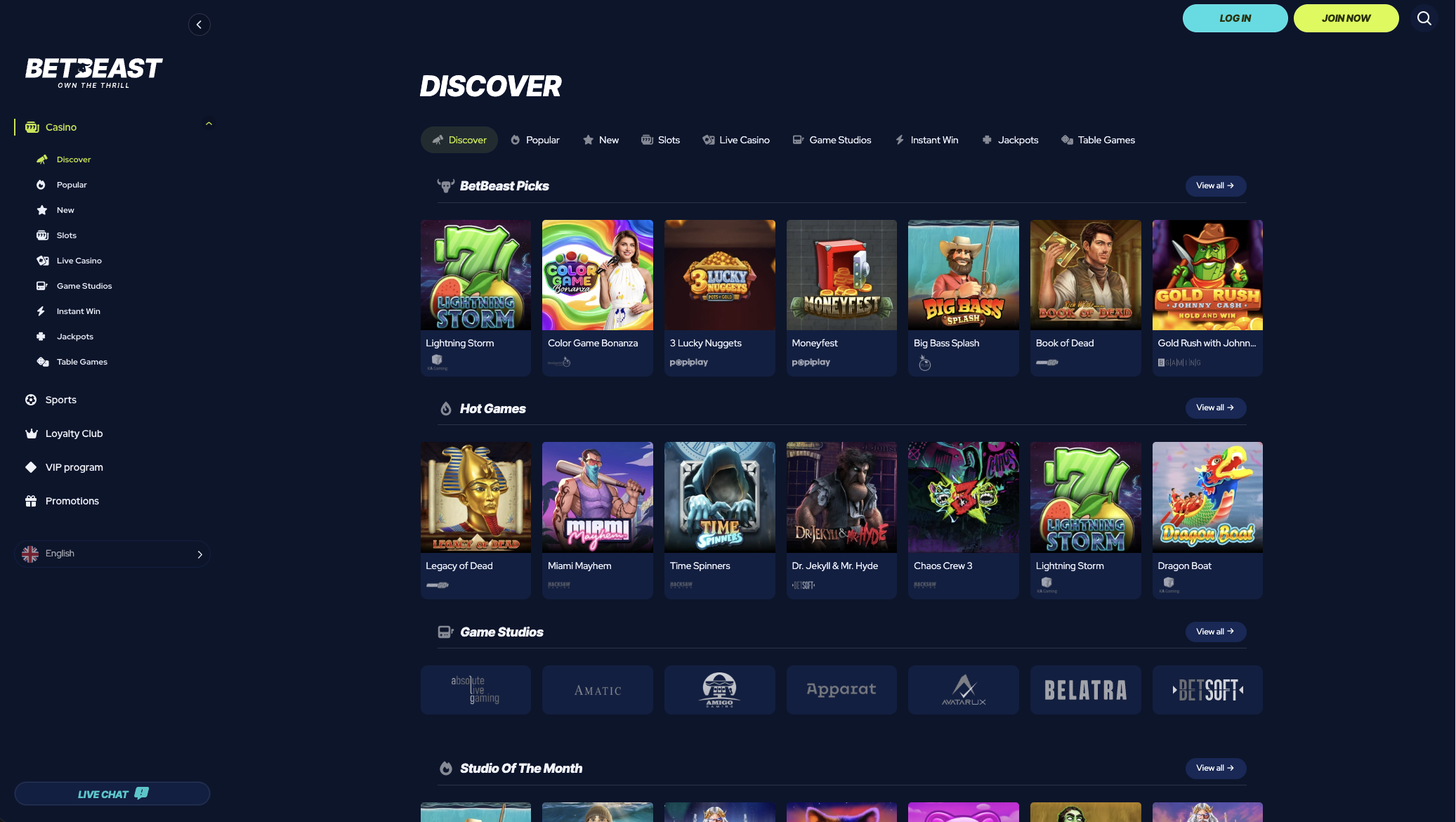 Casino lobby with the game studios rail and BetBeast Picks row