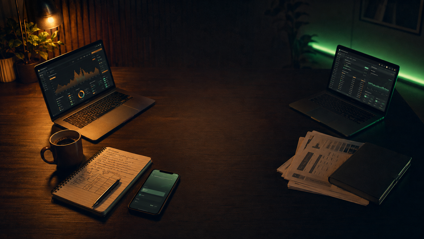 Two laptops on a dark wooden desk at night beside a handwritten notebook and a phone, lit by warm amber light from the left