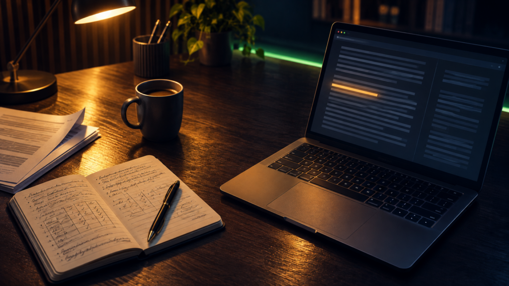 Laptop showing a wall of terms text beside a handwritten notebook of review notes, lit by a warm desk lamp