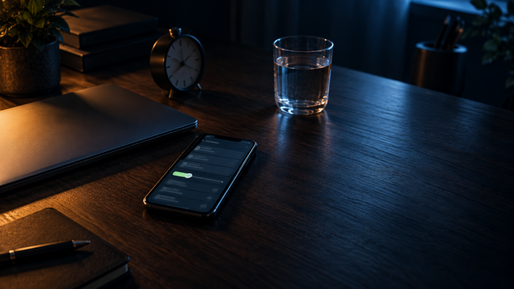 A phone on a dark desk showing a limit slider set low, next to a closed laptop, an alarm clock and a glass of water