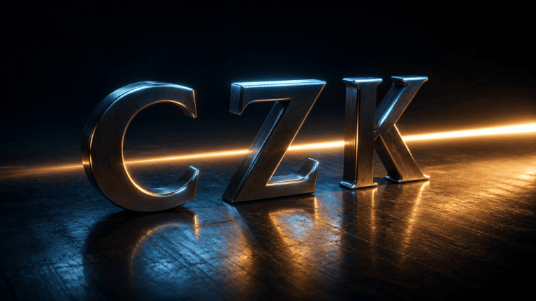 Sculpted metal letters spelling CZK standing on brushed steel with a beam of amber light passing through them