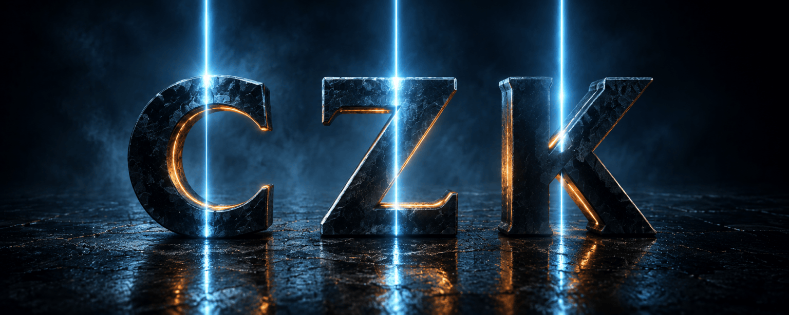 The CZK letterforms in stone glowing from within as a vertical bar of blue light sweeps across them like a scanner