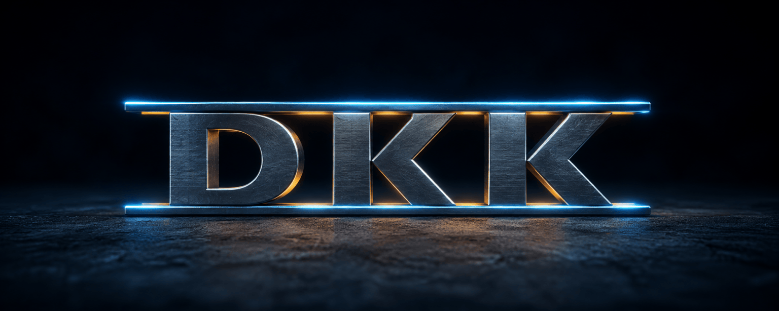 The DKK letterforms in brushed steel clamped between two close horizontal rails of blue light with almost no room to move
