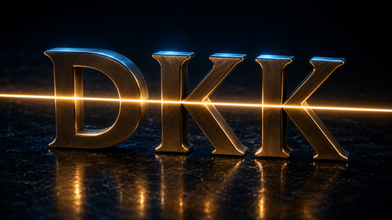 Sculpted brass letters spelling DKK on dark granite with a level beam of amber light running through all three