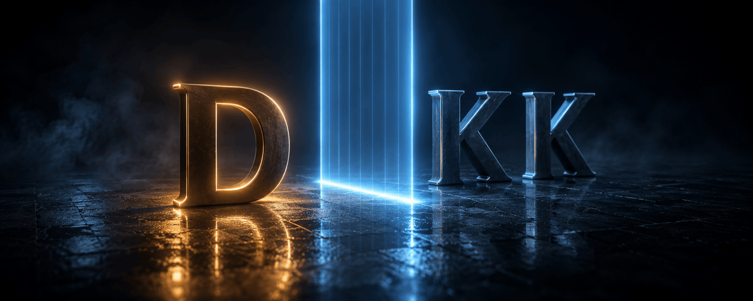 The DKK letterforms behind a tall vertical gate of blue light, one letter through and glowing amber, two still waiting behind it
