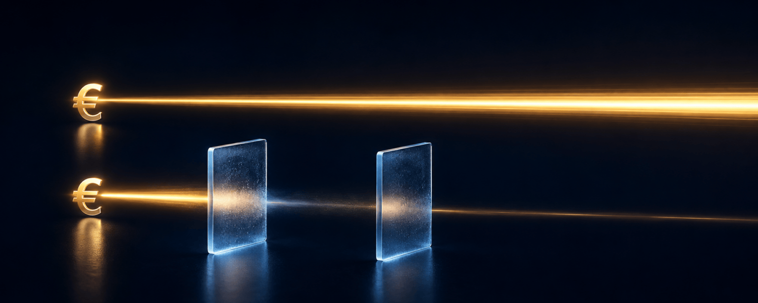 Two paths of light compared, one arriving at full strength and one dimmed after passing through glass, illustrating value lost to currency conversion