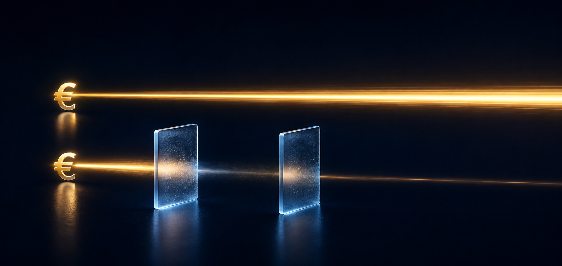 Two paths of light compared, one arriving at full strength and one dimmed after passing through glass, illustrating value lost to currency conversion