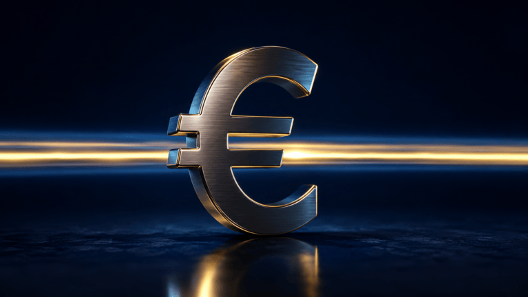 Euro symbol with an unbroken beam of light passing straight through, illustrating a balance held in euro without conversion