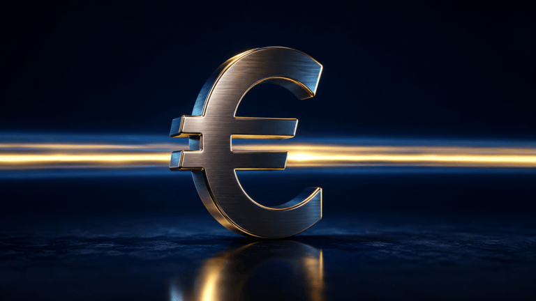 Euro symbol with an unbroken beam of light passing straight through, illustrating a balance held in euro without conversion
