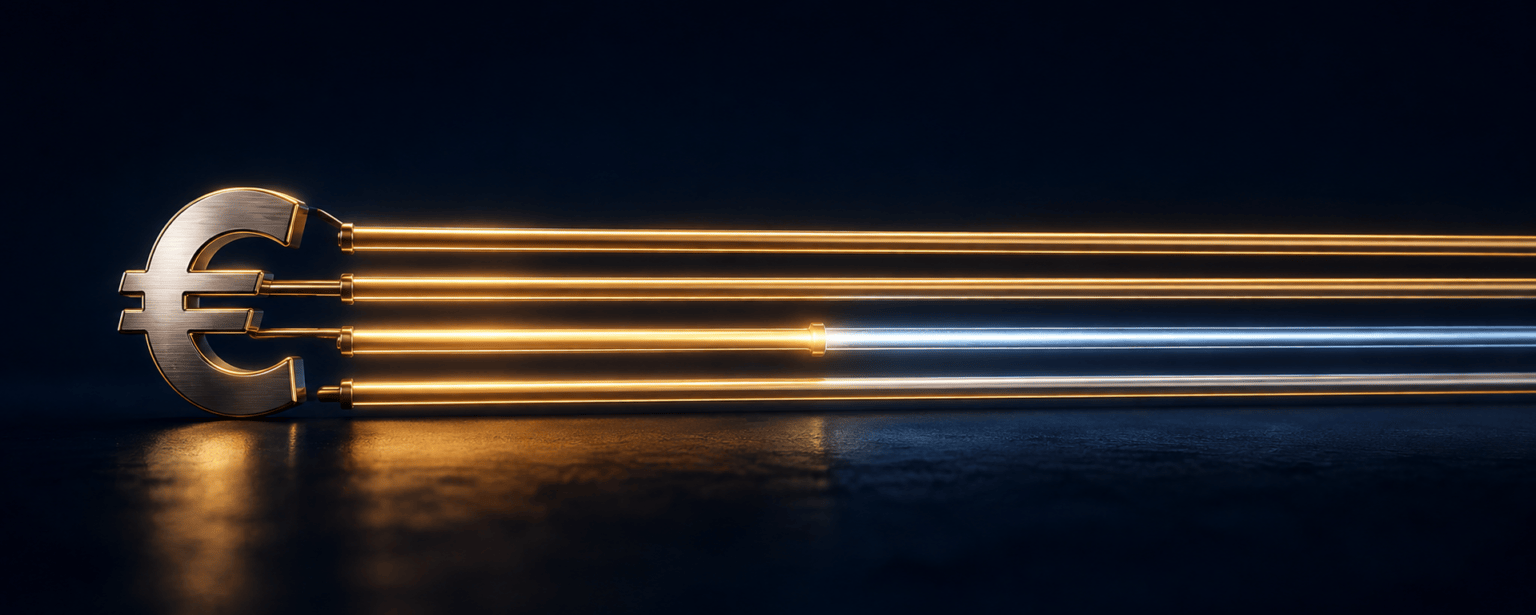 Four glowing rails running from a euro symbol, three unbroken and one changing colour mid route where a currency conversion happens