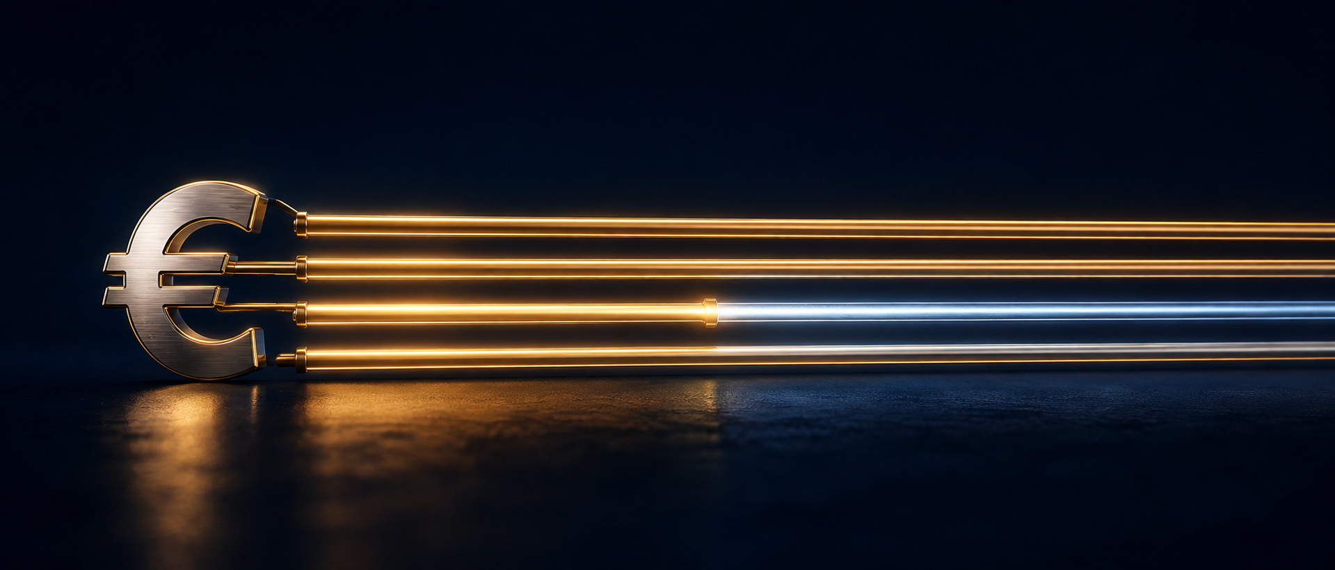 Four glowing rails running from a euro symbol, three unbroken and one changing colour mid route where a currency conversion happens