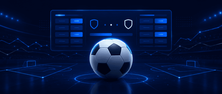 Illustration of a football in front of an abstract odds display with pitch markings behind