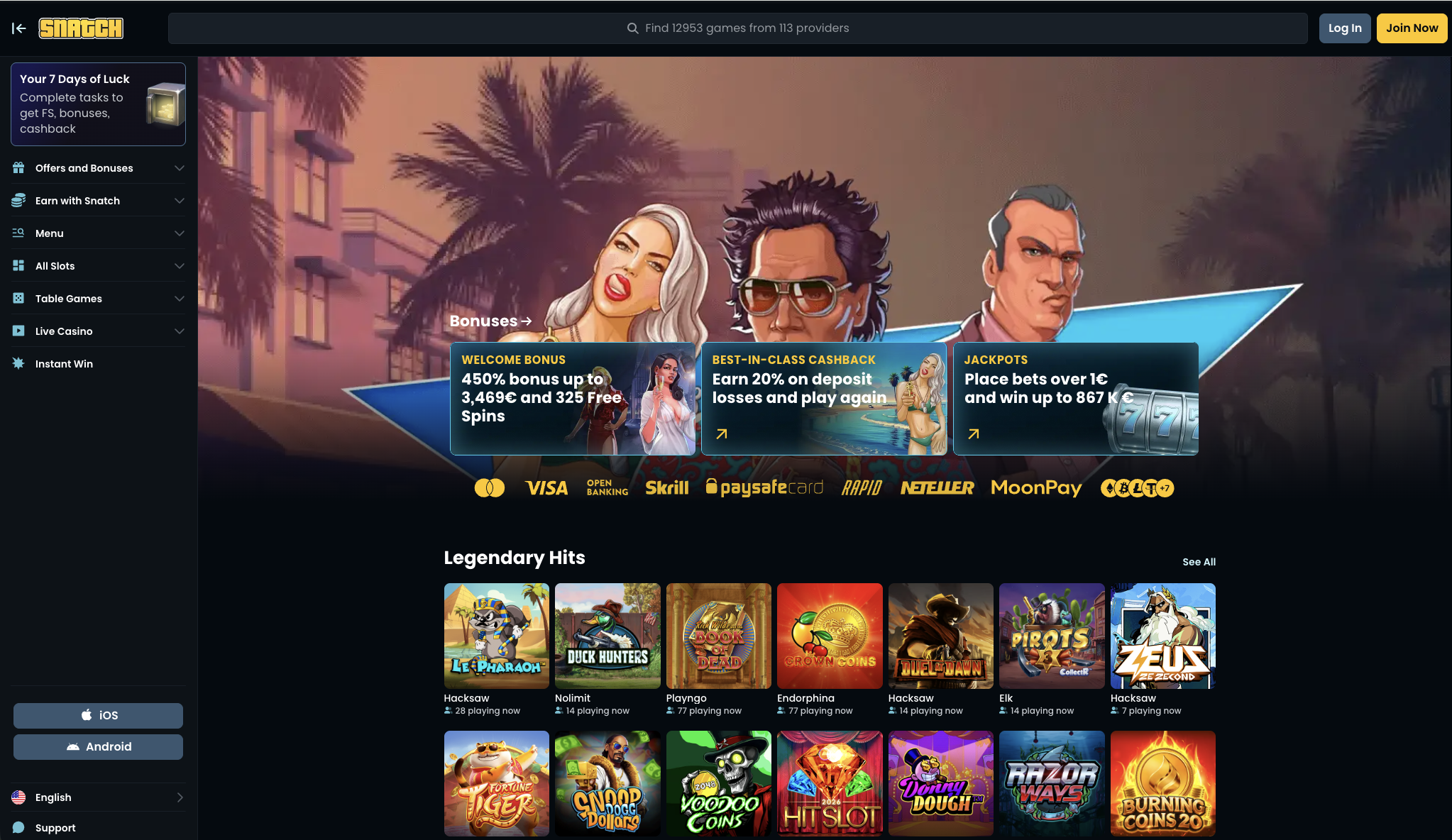 Snatch Casino lobby with the welcome bonus and cashback banners