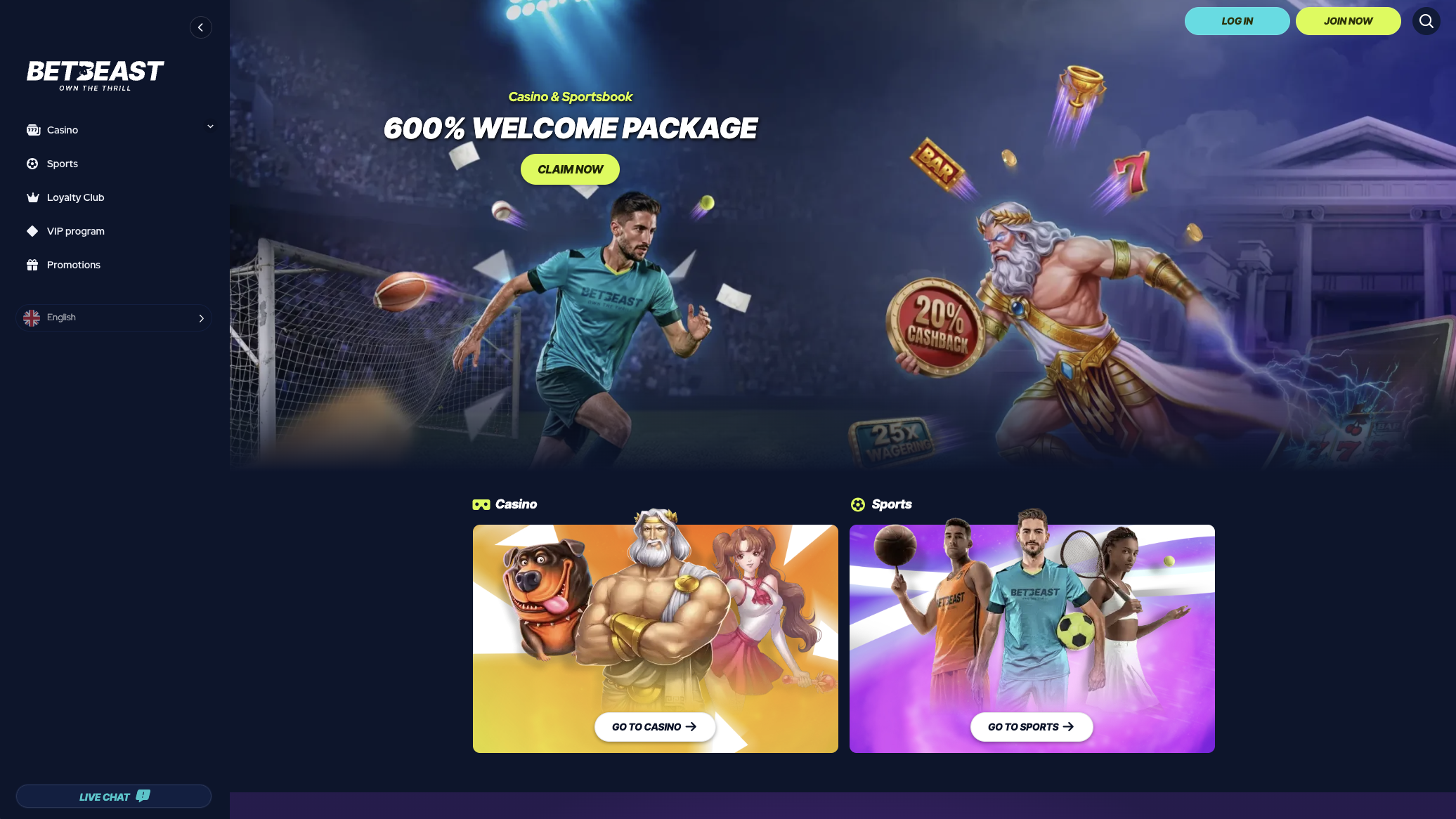 BetBeast Casino lobby with the 600 percent welcome package banner