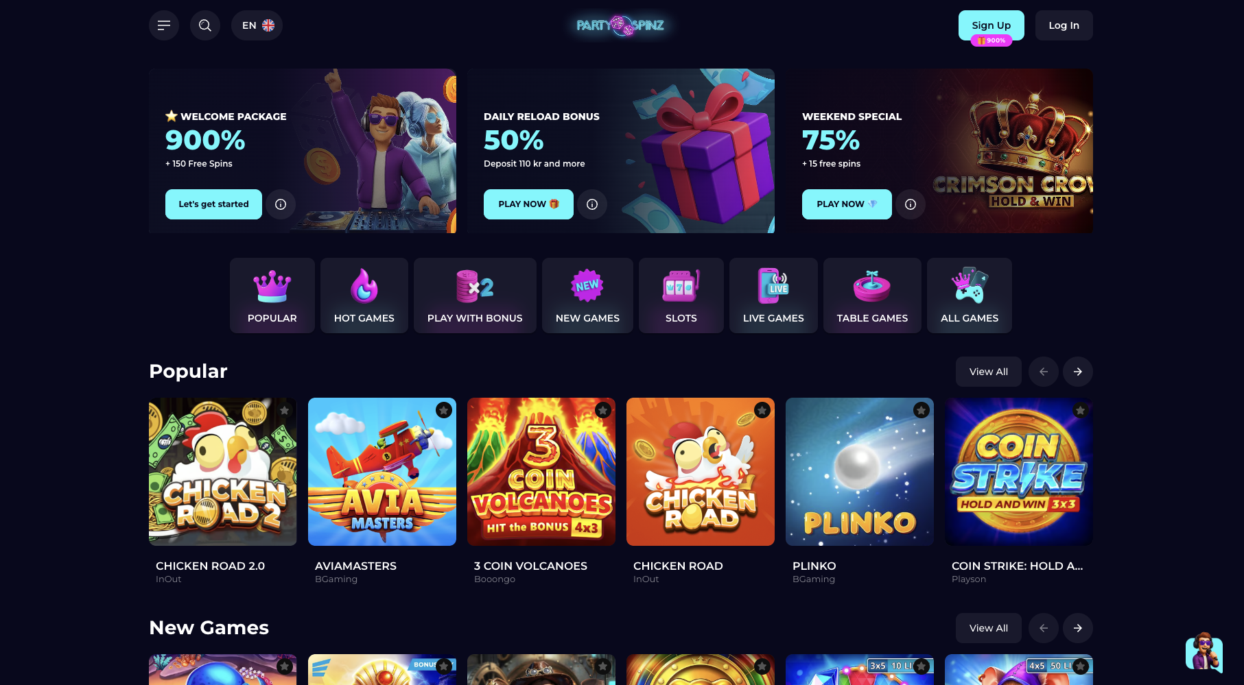 PartySpinz Casino homepage showing the 900 percent welcome package banner and game lobby