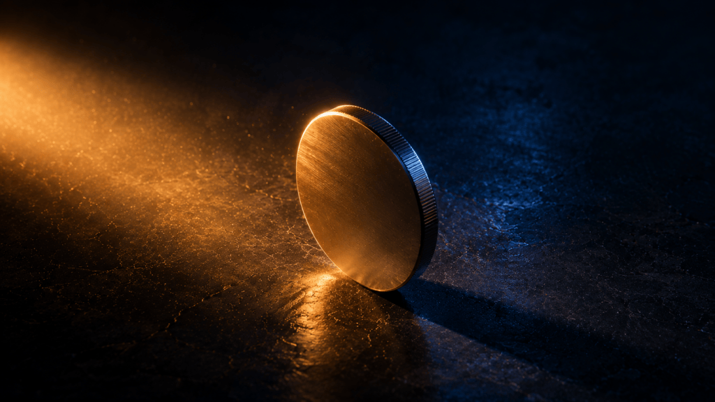 A blank brass coin standing on edge on dark stone, lit from the side by a warm raking light