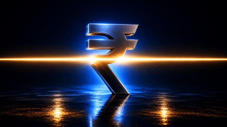 A brushed metal Indian rupee symbol lit by a warm amber beam passing straight through it, reflected on a dark wet floor