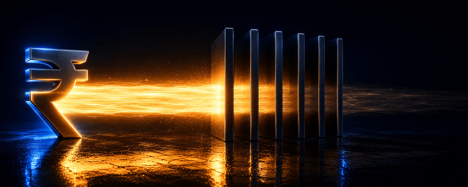 A wide river of light from a rupee symbol cut through its full width by a row of dark blades, emerging dimmer on the far side