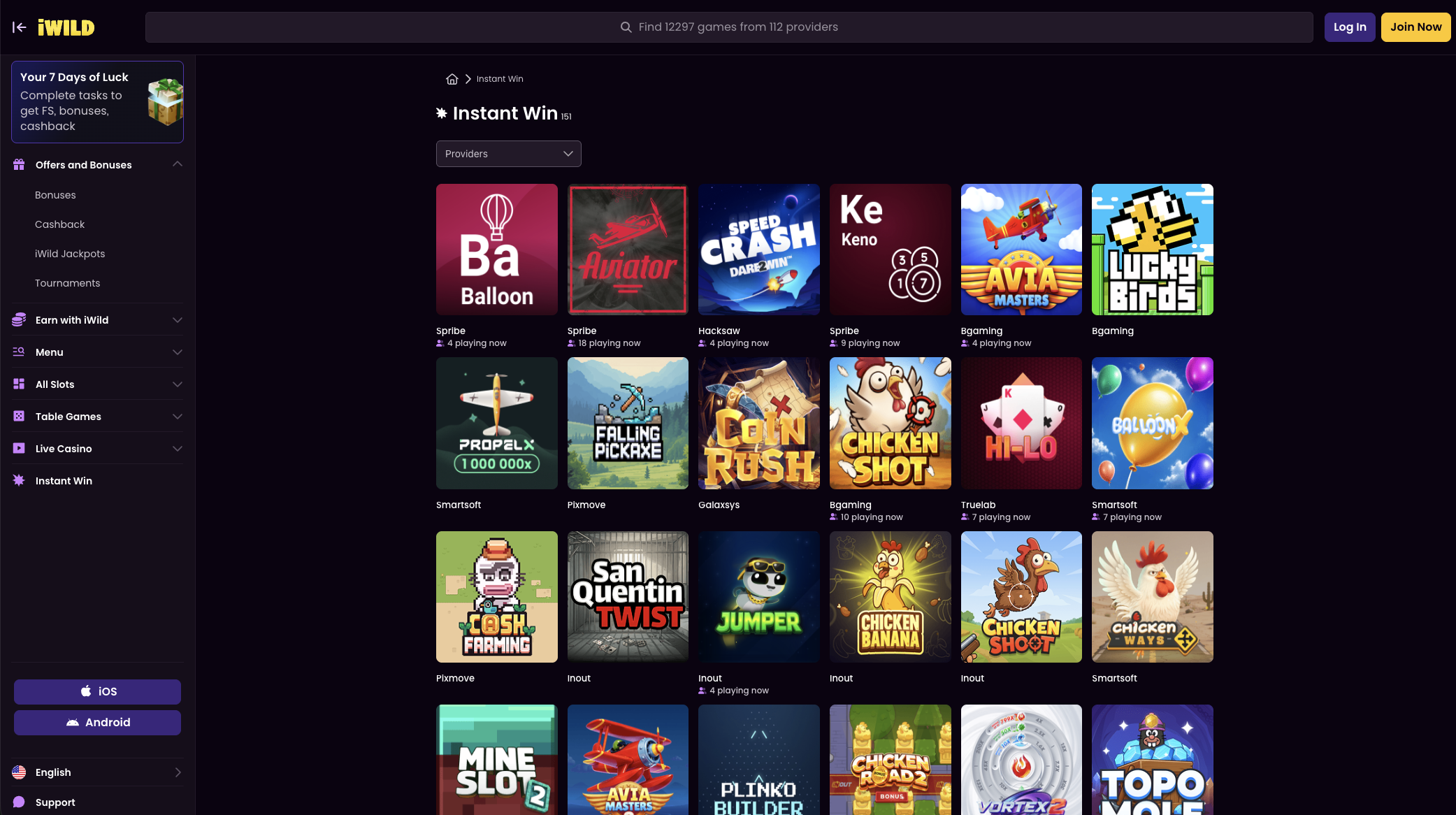 iWild Casino Instant Win lobby with Aviator and other crash titles