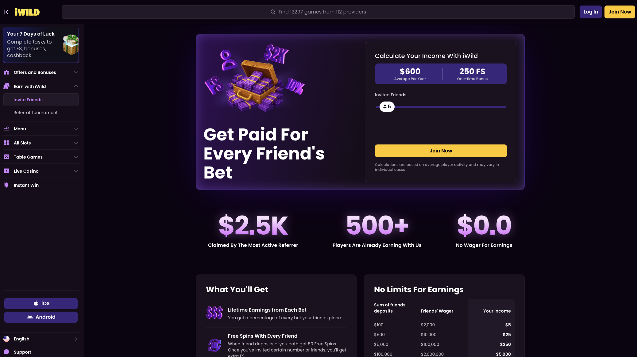 Invite friends page with the referral link and free spins reward