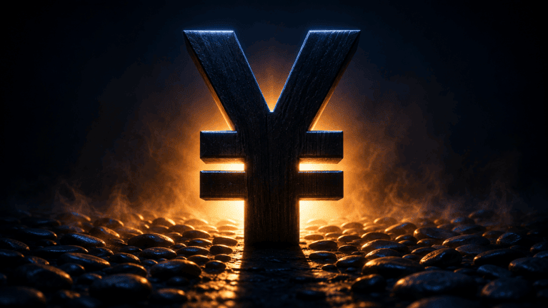 A yen symbol carved from black lacquered wood standing on dark stones, backlit by a warm glow
