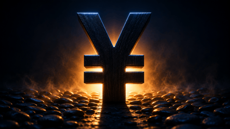 A yen symbol carved from black lacquered wood standing on dark stones, backlit by a warm glow