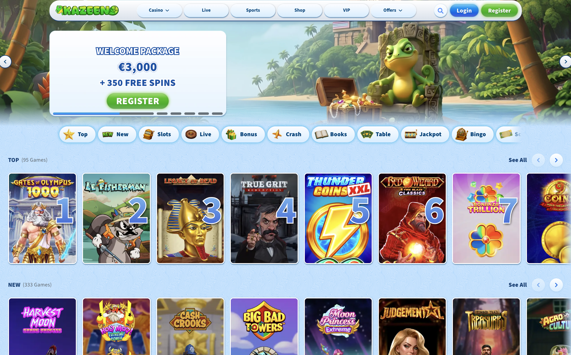 Kazeeno Casino homepage with the welcome package banner and the Top games row