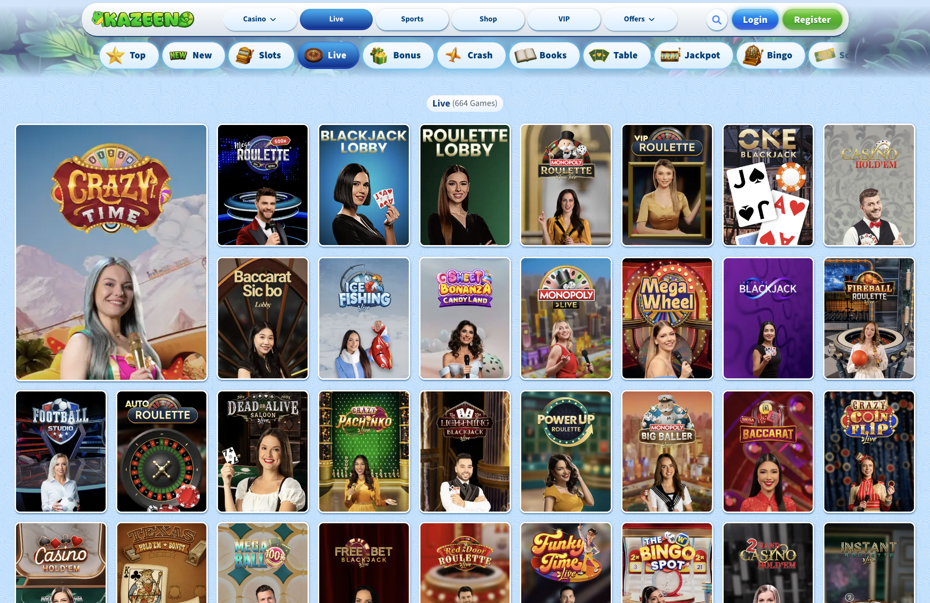 Live casino lobby with 664 tables including Crazy Time, Monopoly Live and the blackjack lobby