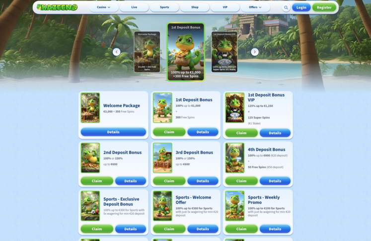 Promotions page showing the welcome package, the four deposit bonuses and the sports offers